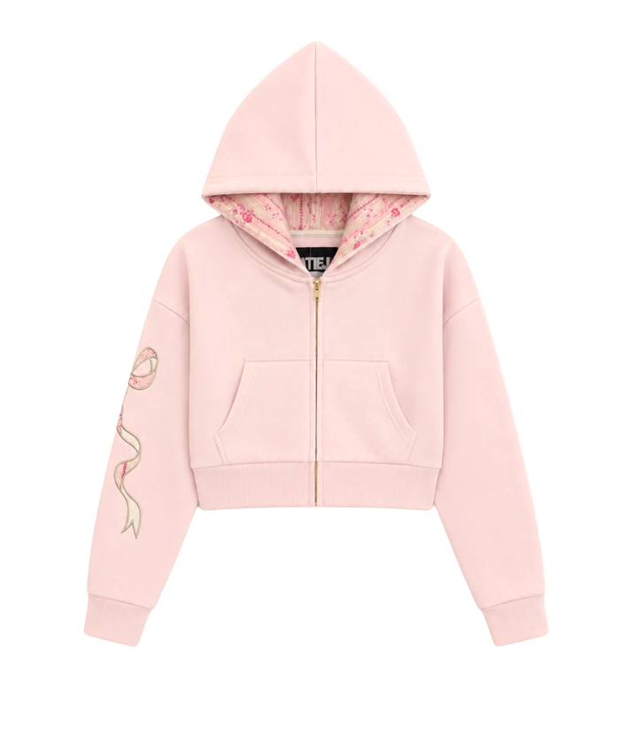 Katie J NYC Girls Dylan Bow Crop Zip Hoodie Pale Pink/Rose Floral Girls Casual Tops Katie J NYC