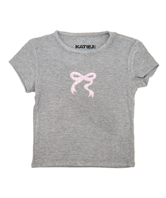 Katie J NYC Girls Gingham Bow Tee Girls Casual Tops Katie J NYC Heather Grey Y/S (7/8)