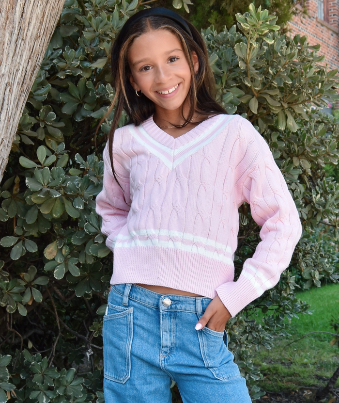 Katie J NYC Girls Zaylee V Neck Varsity Sweater Girls Casual Tops Katie J NYC