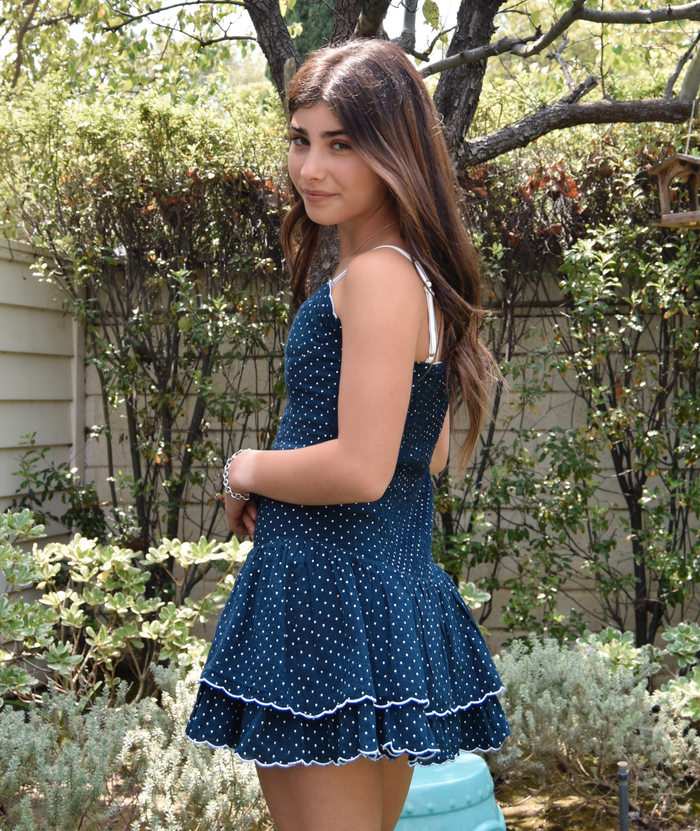 Katie J NYC Juniors Navy Polkadot Soren Dress Womens Casual Dresses Katie J NYC