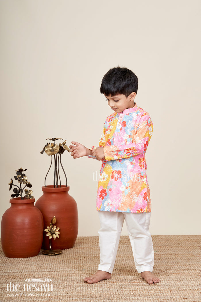 The Nesavu Boys Kurtha Set Kids ethnic kurta set with vibrant prints for celebrations Nesavu Nesavu kids multicolor kurta set sequin embroidery  ethnic silk outfit celebrations photoshoots