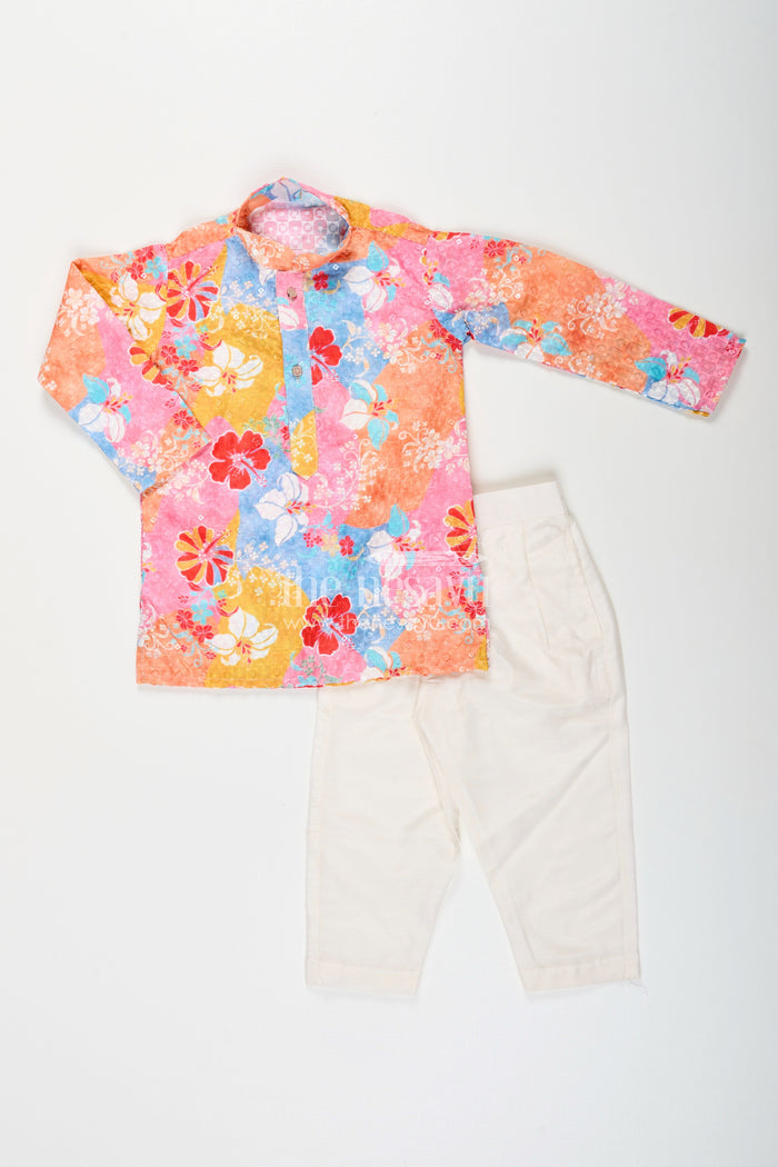 The Nesavu Boys Kurtha Set Kids ethnic kurta set with vibrant prints for celebrations Nesavu Nesavu kids multicolor kurta set sequin embroidery  ethnic silk outfit celebrations photoshoots