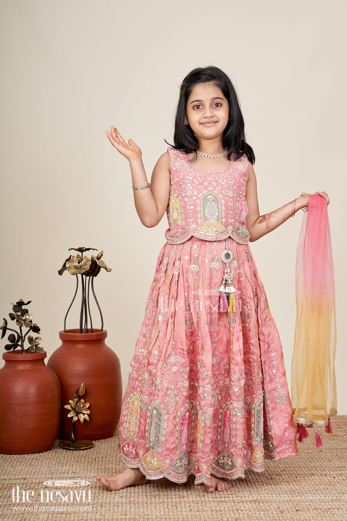 The Nesavu Girls Lehenga Choli Kids Lehenga Choli Set for Elegant Family Celebrations in Pink with Heavy Embroidery and Traditional Motifs Nesavu Nesavu Pink Embroidered Lehenga Choli Set Kids Mirror Traditional Motif Design