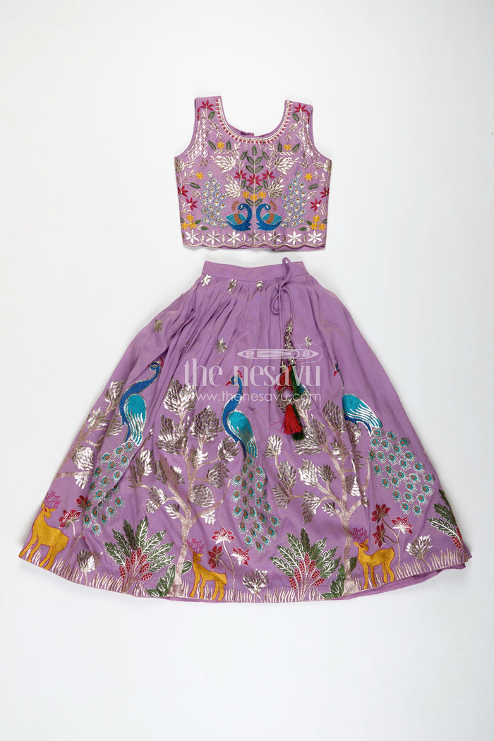 The Nesavu Girls Ethnic Lehenga Kids Lehenga with Dupatta in Lavender Kora Silk Cotton and Peacock Embroidery for Elegant Festive Wear Nesavu Nesavu Lavender Kids Lehenga Dupatta Kora Silk Cotton Peacock Thread Embroidery