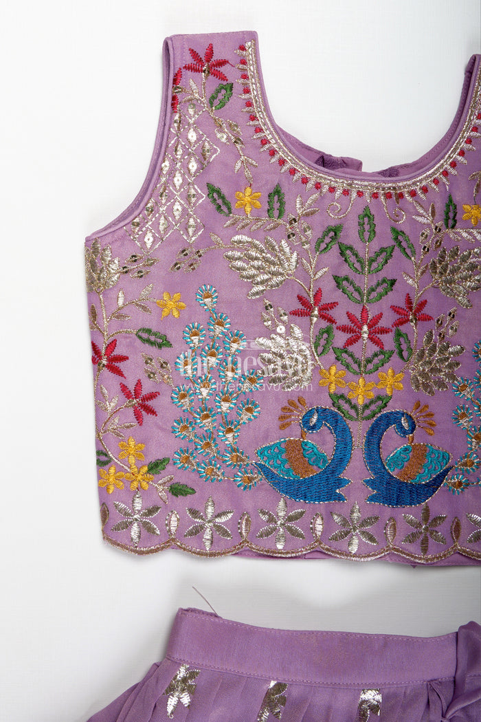 The Nesavu Girls Ethnic Lehenga Kids Lehenga with Dupatta in Lavender Kora Silk Cotton and Peacock Embroidery for Elegant Festive Wear Nesavu Nesavu Lavender Kids Lehenga Dupatta Kora Silk Cotton Peacock Thread Embroidery
