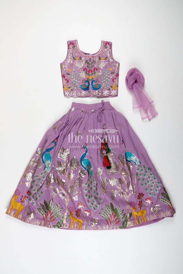 The Nesavu Girls Ethnic Lehenga Kids Lehenga with Dupatta in Lavender Kora Silk Cotton and Peacock Embroidery for Elegant Festive Wear Nesavu Nesavu Lavender Kids Lehenga Dupatta Kora Silk Cotton Peacock Thread Embroidery
