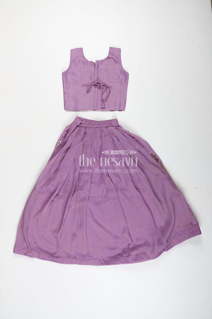 The Nesavu Girls Ethnic Lehenga Kids Lehenga with Dupatta in Lavender Kora Silk Cotton and Peacock Embroidery for Elegant Festive Wear Nesavu Nesavu Lavender Kids Lehenga Dupatta Kora Silk Cotton Peacock Thread Embroidery