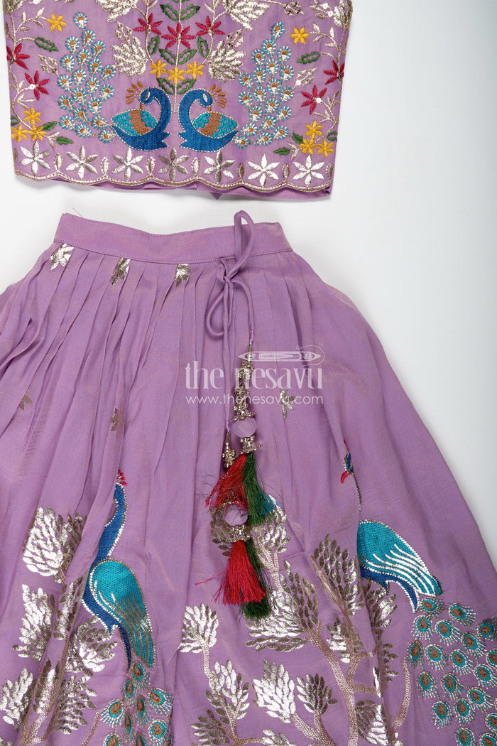 The Nesavu Girls Ethnic Lehenga Kids Lehenga with Dupatta in Lavender Kora Silk Cotton and Peacock Embroidery for Elegant Festive Wear Nesavu Nesavu Lavender Kids Lehenga Dupatta Kora Silk Cotton Peacock Thread Embroidery