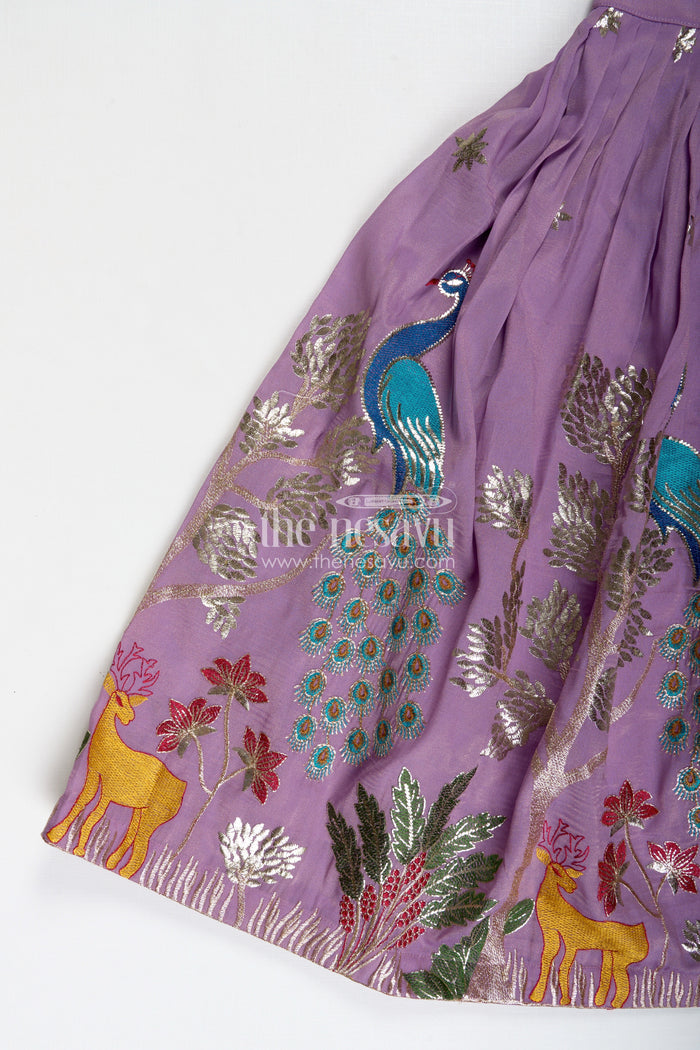 The Nesavu Girls Ethnic Lehenga Kids Lehenga with Dupatta in Lavender Kora Silk Cotton and Peacock Embroidery for Elegant Festive Wear Nesavu Nesavu Lavender Kids Lehenga Dupatta Kora Silk Cotton Peacock Thread Embroidery