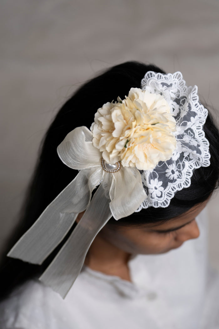 The Nesavu Hair Band Lace-Trimmed Ivory Peony Hairband with Silken Ribbon Nesavu Yellow JHB83A Ivory Peony Hairband with Lace and Ribbon | Bridal and Special Occasion Hair Accessory | The Nesavu