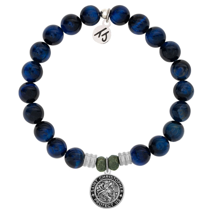 Lapis Tiger's Eye Stone Bracelet with Saint Christopher Sterling Silver Charm