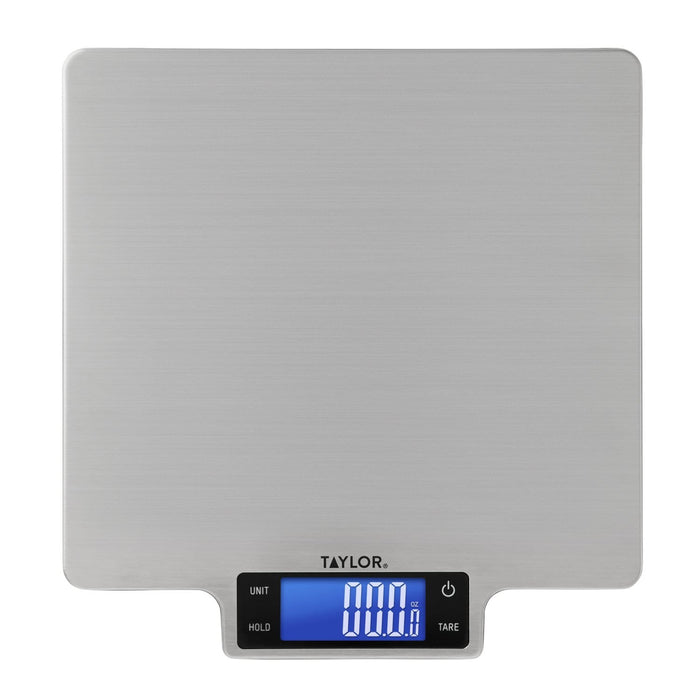 Front view of a large brushed stainless steel platform kitchen scale with a blue backlit digital display.