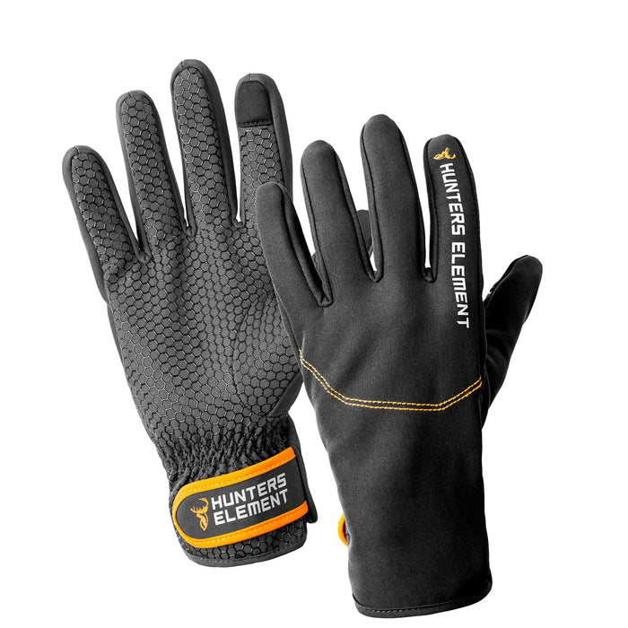 A pair of black Legacy Gloves with silicone grip-print and orange accents. The gloves have a checkered pattern and feature branded wrist adjusters.