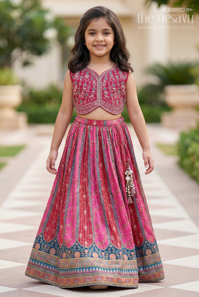 The Nesavu Girls Lehenga Choli Lehenga for Kids in Pure Viscose Silk with Multicolor Digital Print and Embroidered Choli Nesavu 24 (5Y) / Pink GL621A-24 Lehenga Kids Viscose Silk Printed Skirt Embroidered Mirror Work Choli | The Nesavu