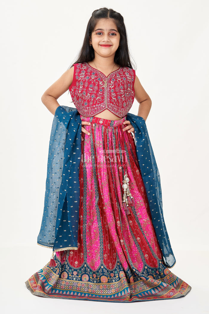 The Nesavu Girls Lehenga Choli Lehenga for Kids in Pure Viscose Silk with Multicolor Digital Print and Embroidered Choli Nesavu Nesavu Lehenga Kids Viscose Silk Printed Skirt Embroidered Mirror Work Choli