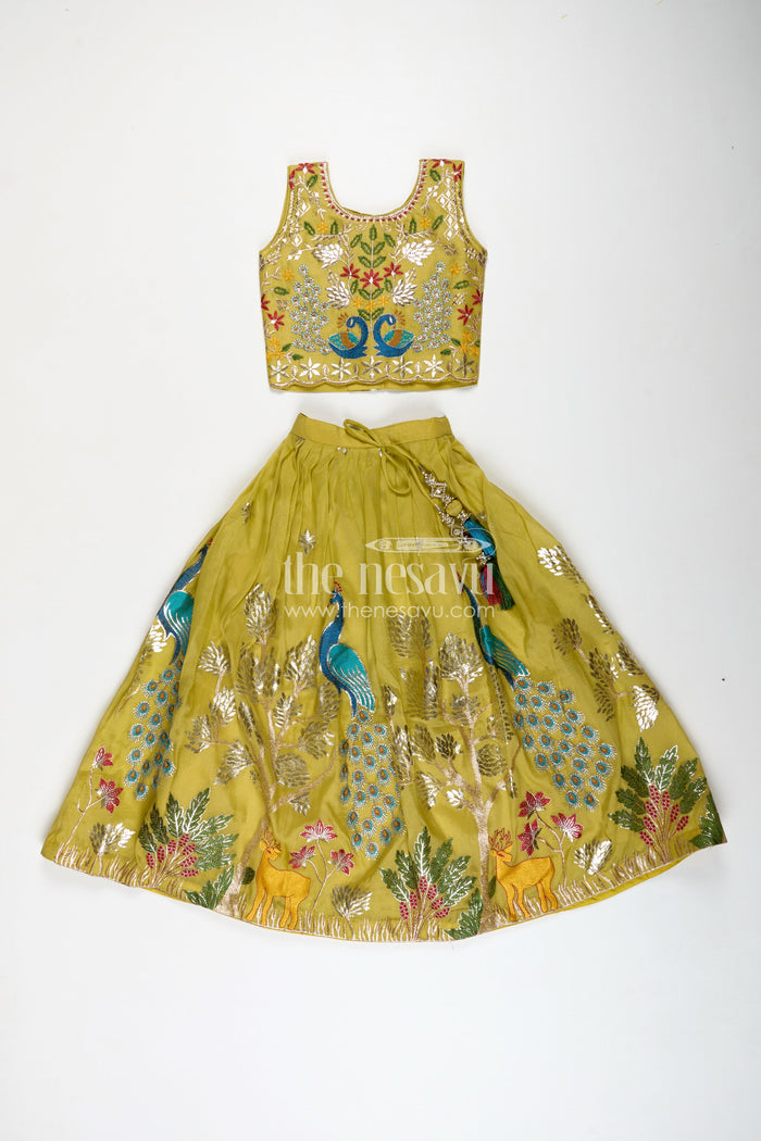 The Nesavu Girls Ethnic Lehenga Lehenga for Special Occasions in Olive Green Kora Silk Cotton with Vibrant Peacock Embroidery and Tassels Nesavu Nesavu Olive Green Girls Lehenga Special Occasions Peacock Embroidery Silk Cotton Finish