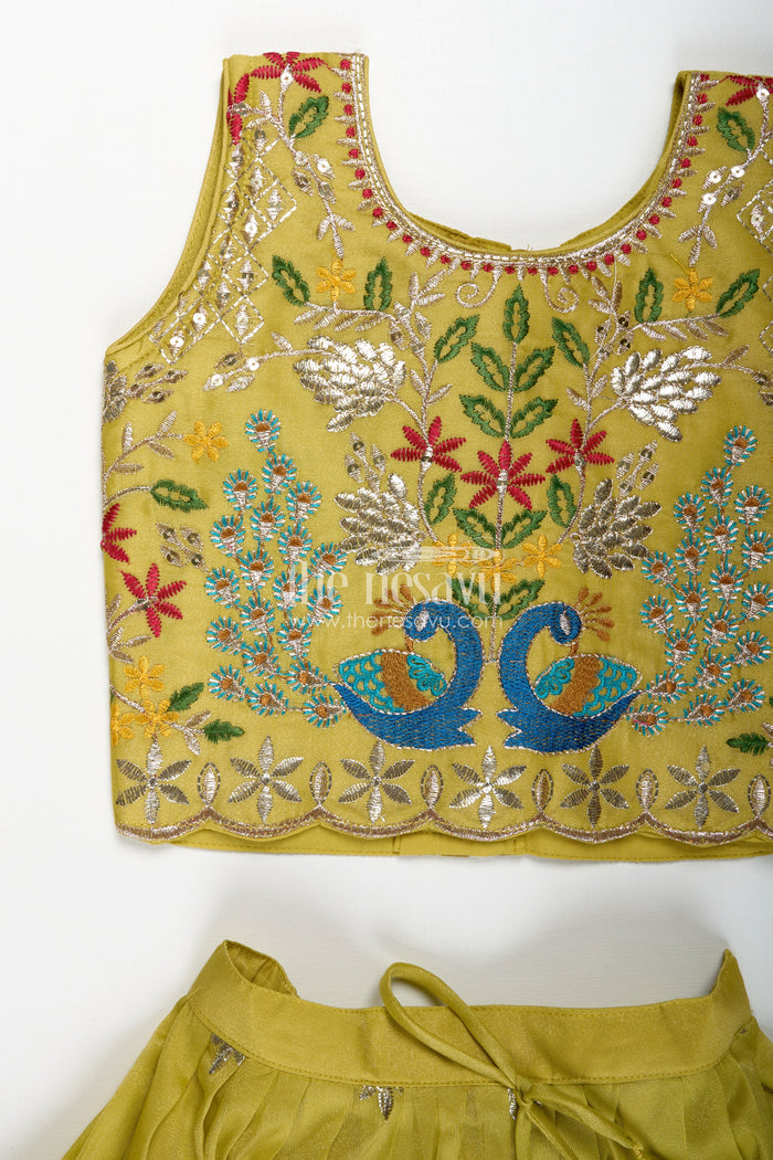 The Nesavu Girls Ethnic Lehenga Lehenga for Special Occasions in Olive Green Kora Silk Cotton with Vibrant Peacock Embroidery and Tassels Nesavu Nesavu Olive Green Girls Lehenga Special Occasions Peacock Embroidery Silk Cotton Finish