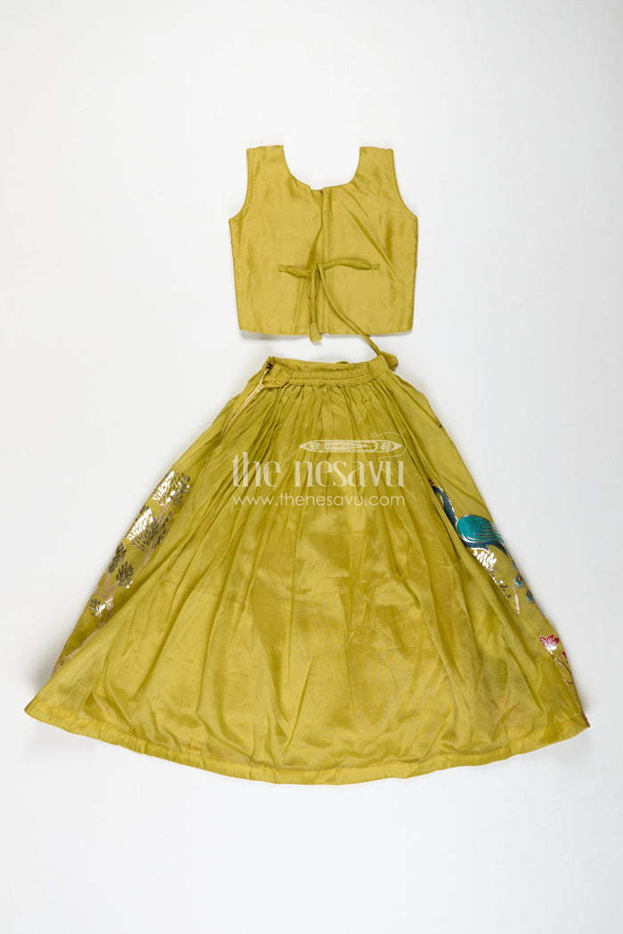 The Nesavu Girls Ethnic Lehenga Lehenga for Special Occasions in Olive Green Kora Silk Cotton with Vibrant Peacock Embroidery and Tassels Nesavu Nesavu Olive Green Girls Lehenga Special Occasions Peacock Embroidery Silk Cotton Finish