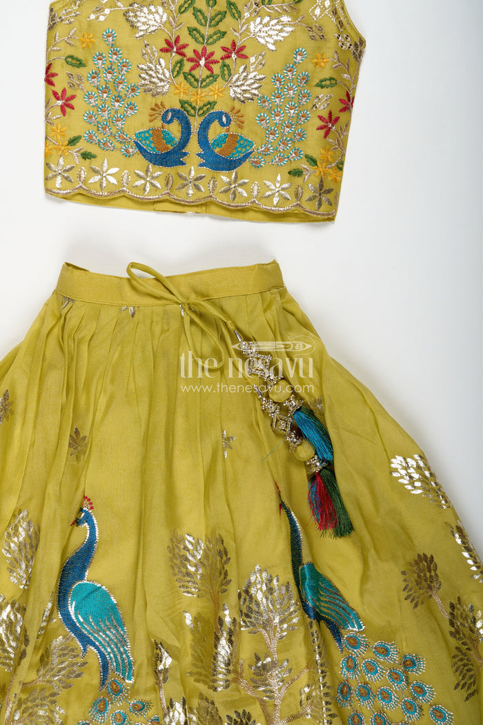The Nesavu Girls Ethnic Lehenga Lehenga for Special Occasions in Olive Green Kora Silk Cotton with Vibrant Peacock Embroidery and Tassels Nesavu Nesavu Olive Green Girls Lehenga Special Occasions Peacock Embroidery Silk Cotton Finish