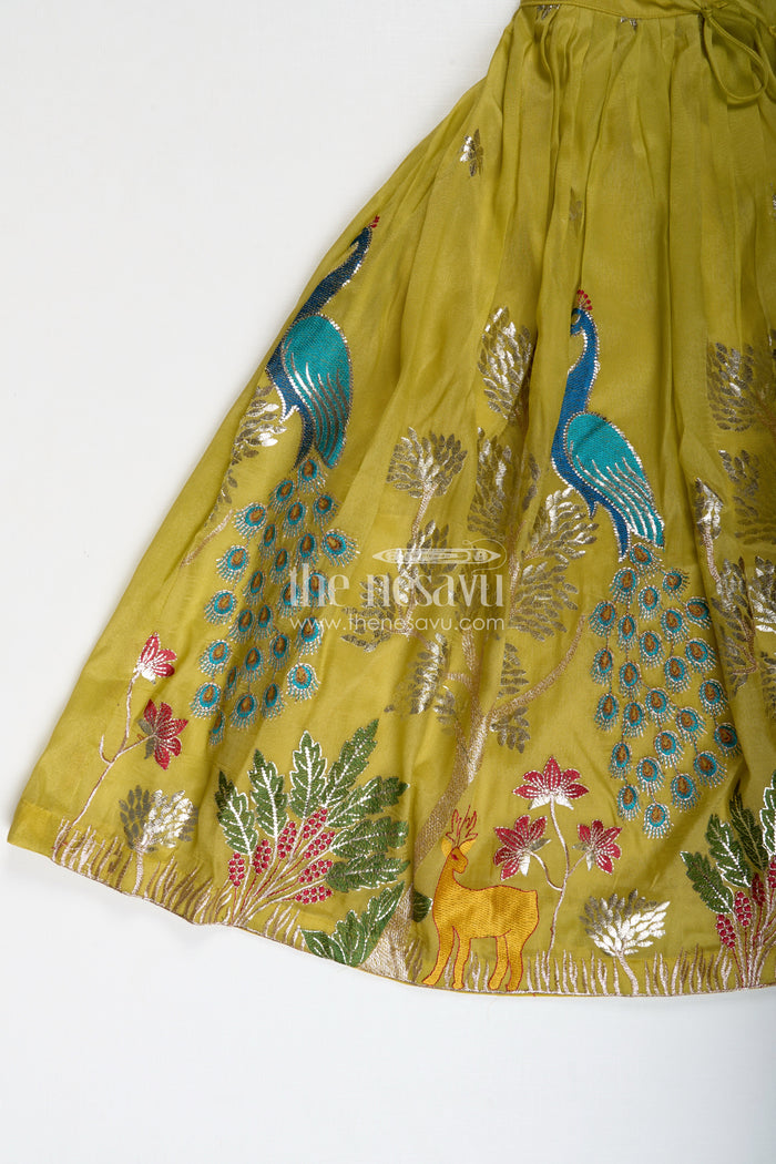 The Nesavu Girls Ethnic Lehenga Lehenga for Special Occasions in Olive Green Kora Silk Cotton with Vibrant Peacock Embroidery and Tassels Nesavu Nesavu Olive Green Girls Lehenga Special Occasions Peacock Embroidery Silk Cotton Finish