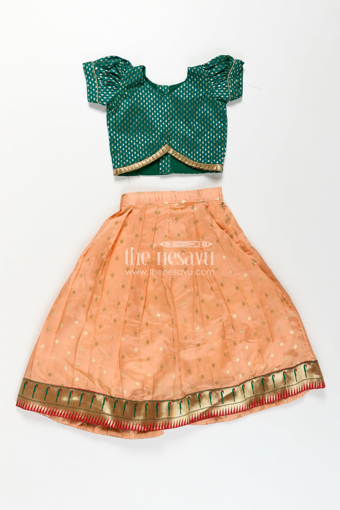 The Nesavu Pattu Pavadai Lehenga Pattu Pavadai for Girls in Orange and Green with Paithani Embellished Banaras Skirt Nesavu 18 (2Y) / Green GL646A-18 Lehenga Pattu Pavadai Girls Semi Banaras Skirt Paithani Border Orange Green | The Nesavu