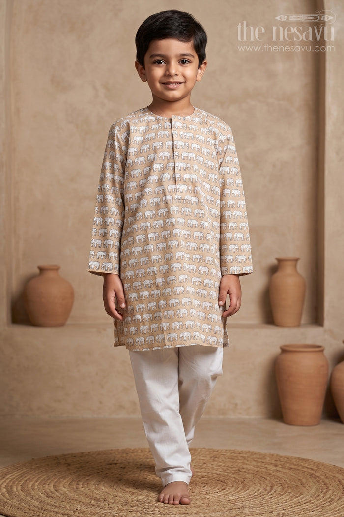 The Nesavu Boys Kurtha Set Light Brown Animal Printed Cotton Kurta and Pure White Pyjama for Boys Nesavu 16 (1Y) / Brown / Cotton BES202B-16 Trending Kurta And Pyjama 2023 | The Nesavu