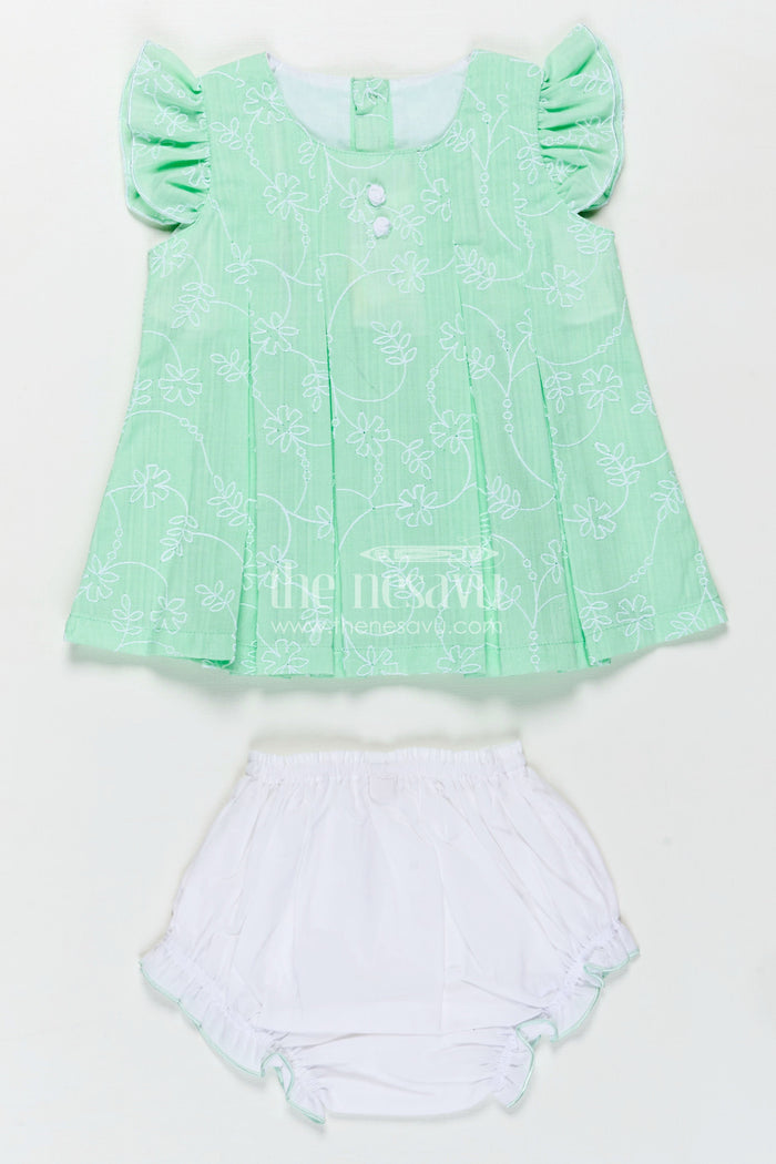 The Nesavu Baby Cotton Frocks Light Pink Frocks for Babies in Green Embroidered Cotton with Frilled Sleeves and Matching Bloomers Nesavu 12 (3M) / Green BFJ804C-12 Nesavu Light Pink Frocks Green Cotton Thread Embroidery Ruffled Bloomers Babies
