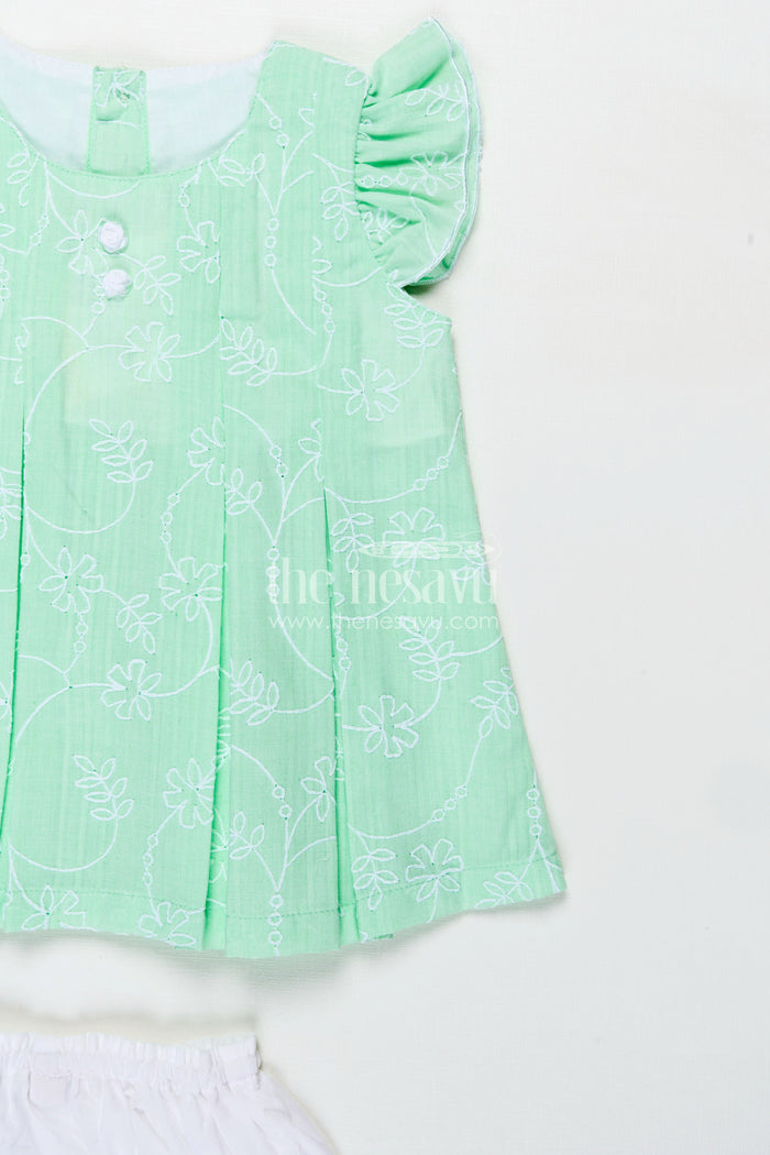 The Nesavu Baby Cotton Frocks Light Pink Frocks for Babies in Green Embroidered Cotton with Frilled Sleeves and Matching Bloomers Nesavu Nesavu Light Pink Frocks Green Cotton Thread Embroidery Ruffled Bloomers Babies