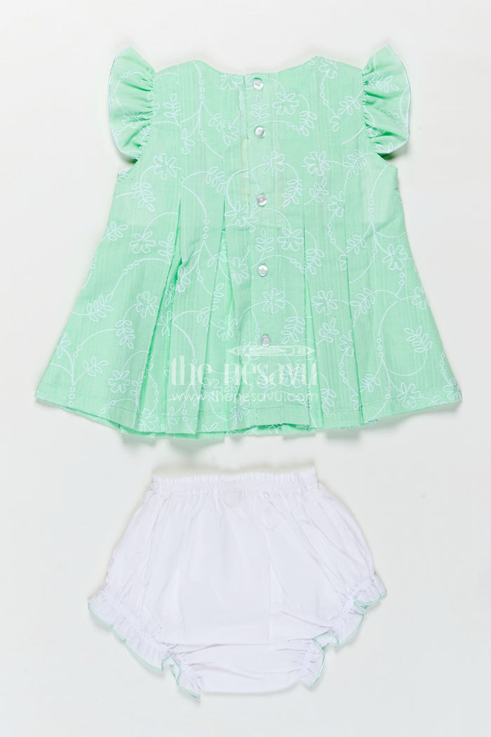 The Nesavu Baby Cotton Frocks Light Pink Frocks for Babies in Green Embroidered Cotton with Frilled Sleeves and Matching Bloomers Nesavu Nesavu Light Pink Frocks Green Cotton Thread Embroidery Ruffled Bloomers Babies