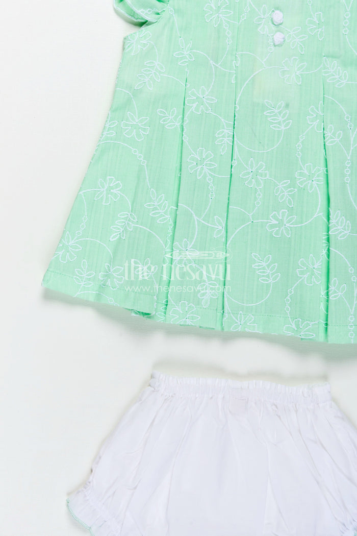 The Nesavu Baby Cotton Frocks Light Pink Frocks for Babies in Green Embroidered Cotton with Frilled Sleeves and Matching Bloomers Nesavu Nesavu Light Pink Frocks Green Cotton Thread Embroidery Ruffled Bloomers Babies