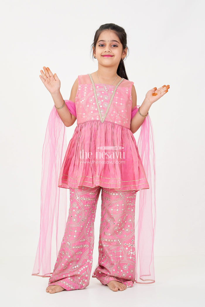The Nesavu Girls Sharara / Plazo Set Light Pink Sharara Set with Designer Embroidery Peplum Top and Sequin Work Pants for Girls Nesavu 16 (1Y) / Pink GPS587B-16 Nesavu Light Pink Sharara Set Girls Embroidered Peplum Top Sequin Sharara Pants