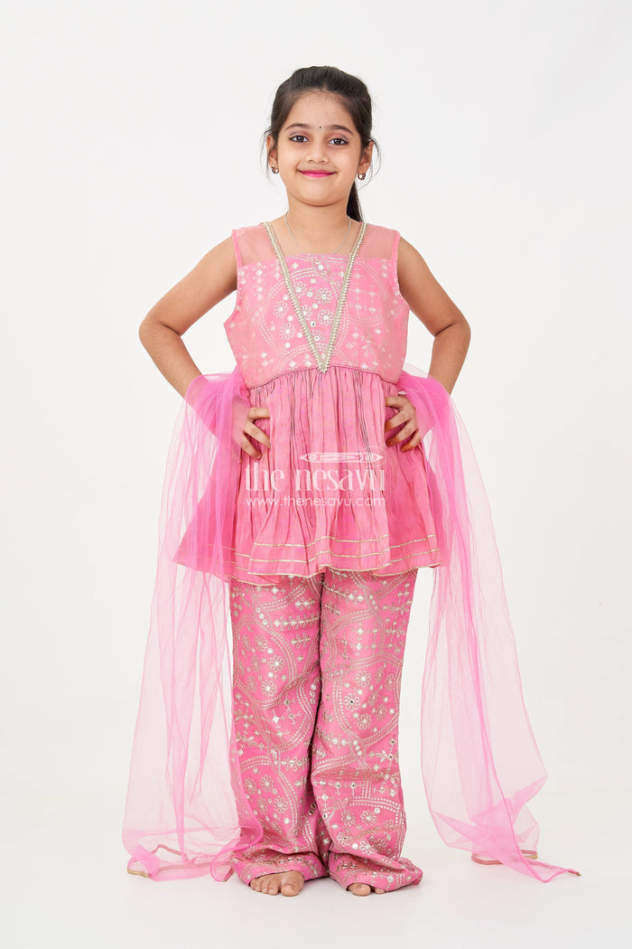 The Nesavu Girls Sharara / Plazo Set Light Pink Sharara Set with Designer Embroidery Peplum Top and Sequin Work Pants for Girls Nesavu Nesavu Light Pink Sharara Set Girls Embroidered Peplum Top Sequin Sharara Pants