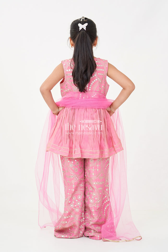 The Nesavu Girls Sharara / Plazo Set Light Pink Sharara Set with Designer Embroidery Peplum Top and Sequin Work Pants for Girls Nesavu Nesavu Light Pink Sharara Set Girls Embroidered Peplum Top Sequin Sharara Pants
