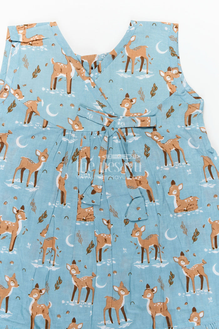 The Nesavu Girls Cotton Frock Lightweight Cotton Frock for Kids with Digital Animal Print and Cute Ruffled Hem in Soothing Blue Nesavu Nesavu Lightweight Cotton Kids Frock Digital Animal Print Stylish Ruffles Blue