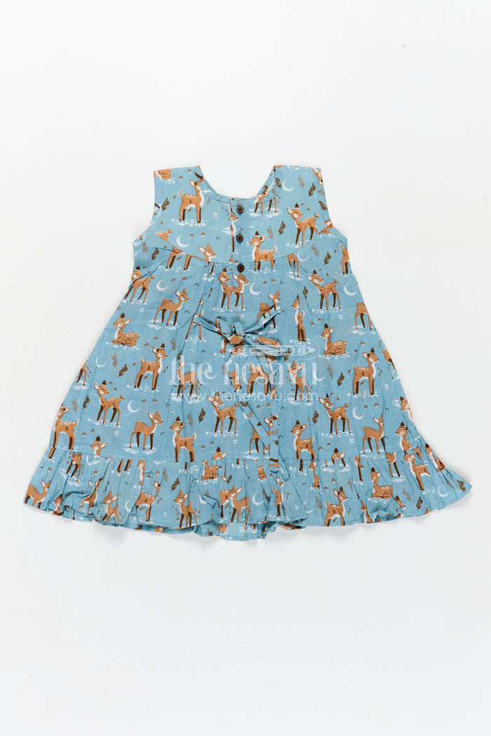 The Nesavu Girls Cotton Frock Lightweight Cotton Frock for Kids with Digital Animal Print and Cute Ruffled Hem in Soothing Blue Nesavu Nesavu Lightweight Cotton Kids Frock Digital Animal Print Stylish Ruffles Blue