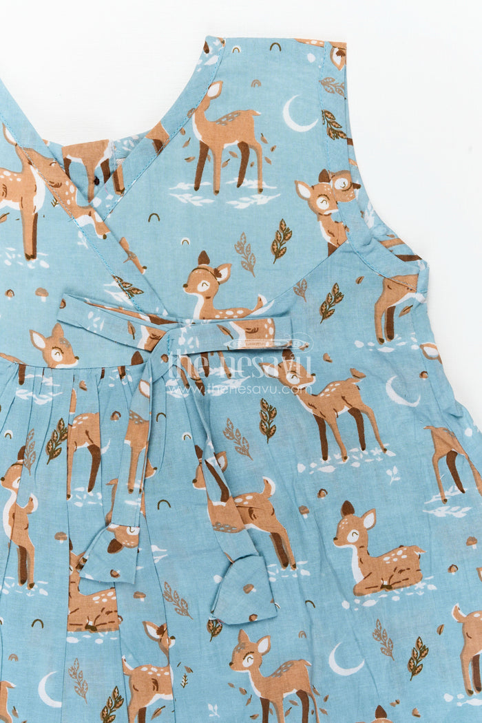 The Nesavu Girls Cotton Frock Lightweight Cotton Frock for Kids with Digital Animal Print and Cute Ruffled Hem in Soothing Blue Nesavu Nesavu Lightweight Cotton Kids Frock Digital Animal Print Stylish Ruffles Blue