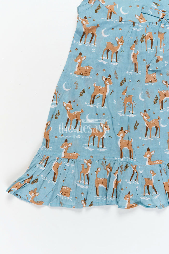 The Nesavu Girls Cotton Frock Lightweight Cotton Frock for Kids with Digital Animal Print and Cute Ruffled Hem in Soothing Blue Nesavu Nesavu Lightweight Cotton Kids Frock Digital Animal Print Stylish Ruffles Blue