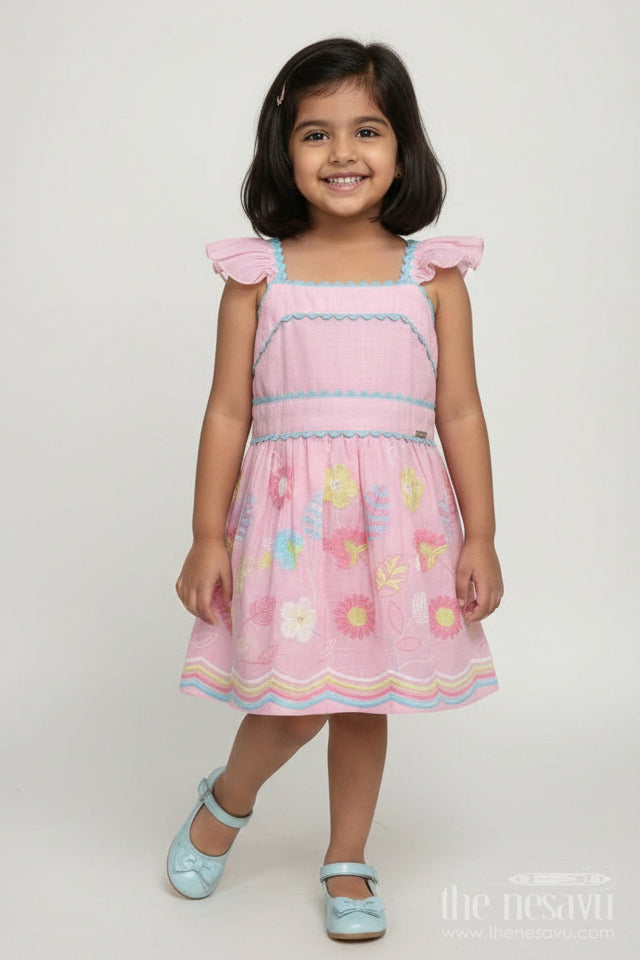 The Nesavu Baby Cotton Frocks Little Baby Frock in Pink Cotton with Multicolor Thread Embroidered Floral Bottom Nesavu 14 (6M) / Pink BFJ768B-14 Little Baby Frock Pink Cotton Multicolor Thread Embroidered Hem | The Nesavu