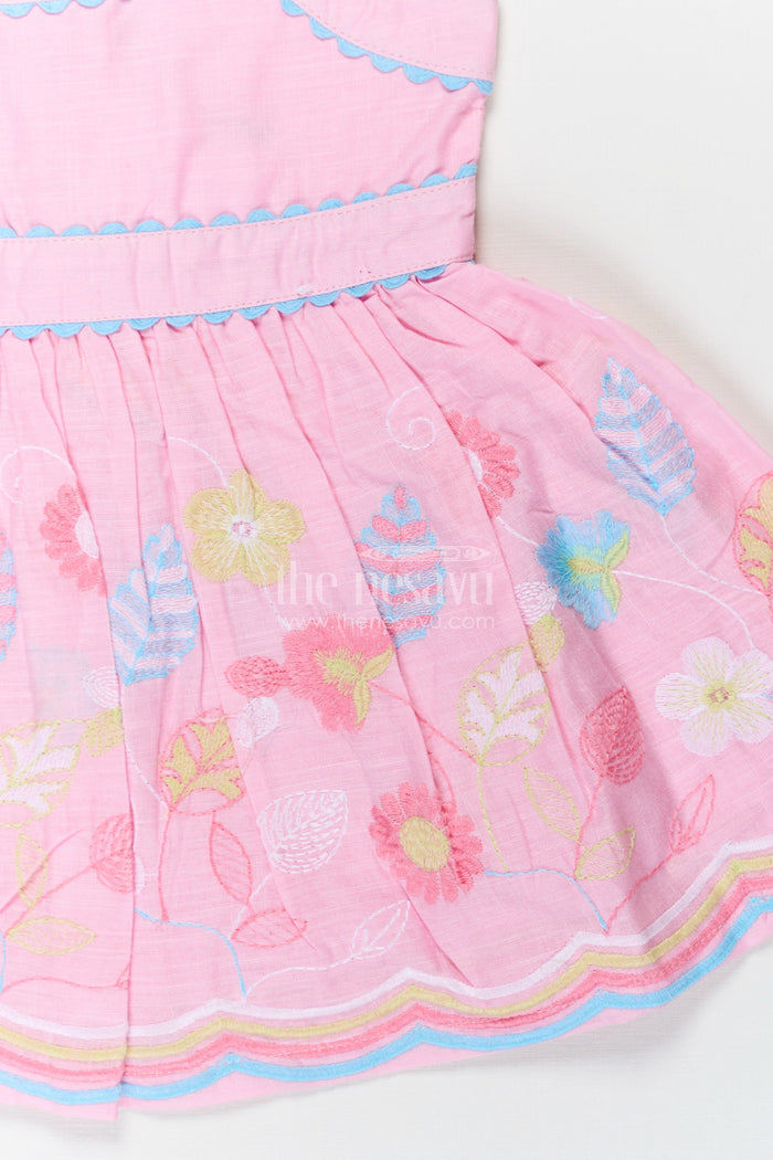 The Nesavu Baby Cotton Frocks Little Baby Frock in Pink Cotton with Multicolor Thread Embroidered Floral Bottom Nesavu Little Baby Frock Pink Cotton Multicolor Thread Embroidered Hem | The Nesavu