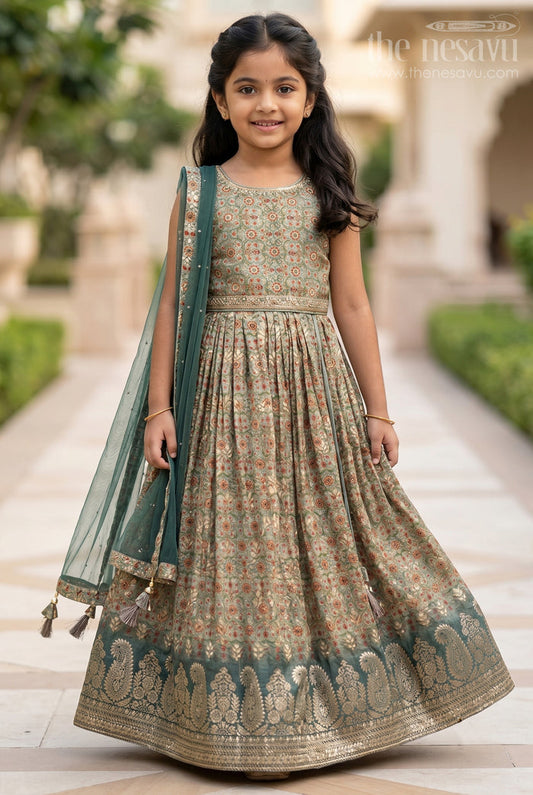 The Nesavu Girls Lehenga Choli Little Green Girlshimmering Lehenga and Crop Top with Designer Dupatta for Girls Nesavu 24 (5Y) / Green / Mashru Silk GL304-24 Traditional And Elegant Printed Choli And Skirt | The Nesavu