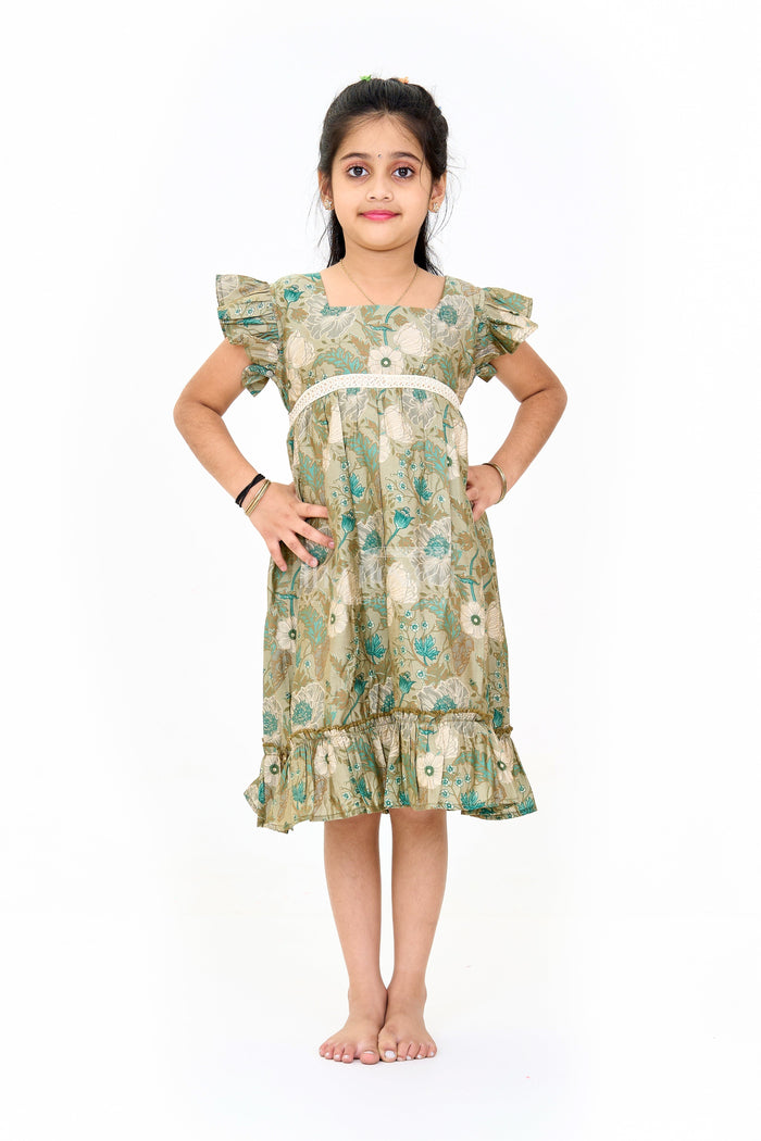 The Nesavu Girls Cotton Frock Long Frock for Girls in Green Floral Design with Lace Waist and Ruffle Hem Nesavu 16 (1Y) / Green GFC1590A-16 Nesavu Long Green Floral Frock Girls Ruffle Hem Lace Waist