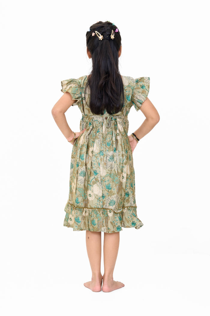 The Nesavu Girls Cotton Frock Long Frock for Girls in Green Floral Design with Lace Waist and Ruffle Hem Nesavu Nesavu Long Green Floral Frock Girls Ruffle Hem Lace Waist