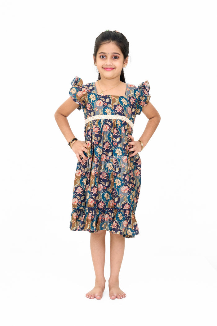 The Nesavu Girls Cotton Frock Long Party Wear Gown for Girls with Elegant Black Floral Print and Ruffle Details Nesavu 16 (1Y) / Multicolor GFC1589B-16 Nesavu Long Party Wear Gown Girls Black Floral Print Ruffles