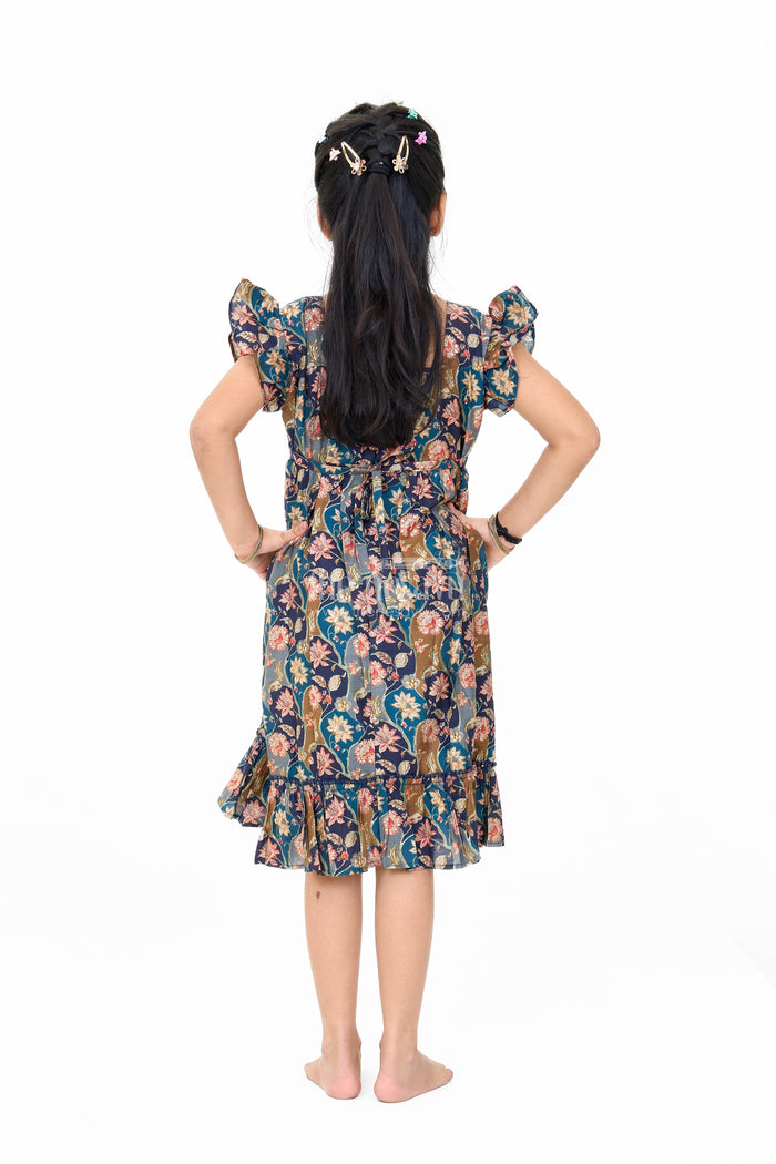 The Nesavu Girls Cotton Frock Long Party Wear Gown for Girls with Elegant Black Floral Print and Ruffle Details Nesavu Nesavu Long Party Wear Gown Girls Black Floral Print Ruffles