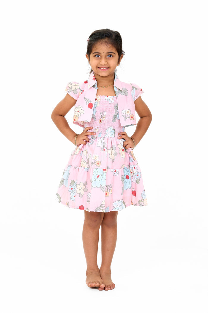 The Nesavu Girls Fancy Frock Lovely Girls Jacket Ethnic Dress with Pink Floral Patterns and Detachable Jacket Nesavu 20 (3Y) / Pink GFC1536B-20 Nesavu Lovely Pink Floral Jacket Ethnic Dress Detachable Layer Girls