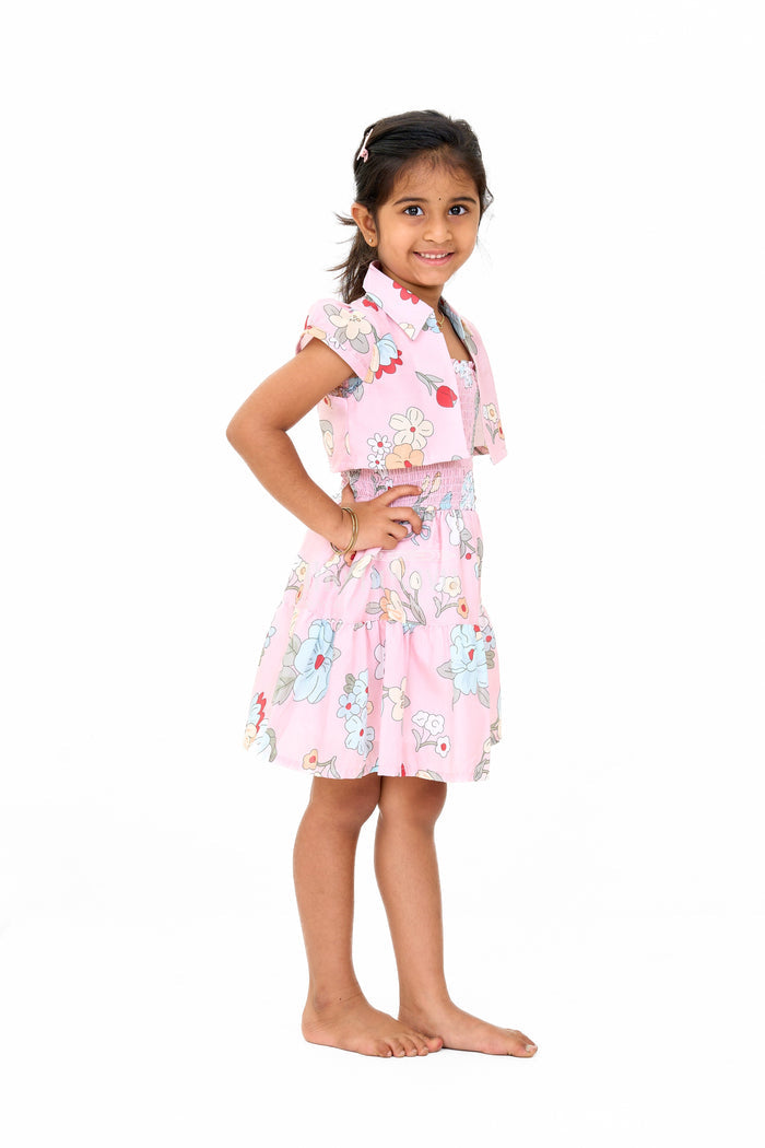 The Nesavu Girls Fancy Frock Lovely Girls Jacket Ethnic Dress with Pink Floral Patterns and Detachable Jacket Nesavu Nesavu Lovely Pink Floral Jacket Ethnic Dress Detachable Layer Girls