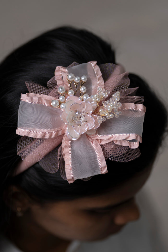 The Nesavu Hair Band Luxurious Pearl and Floral Embellished Hairbow in Blush Pink Nesavu Pink JHB77A Blush Pink Embellished Hairbow with Pearls and Floral Detail | The Nesavu