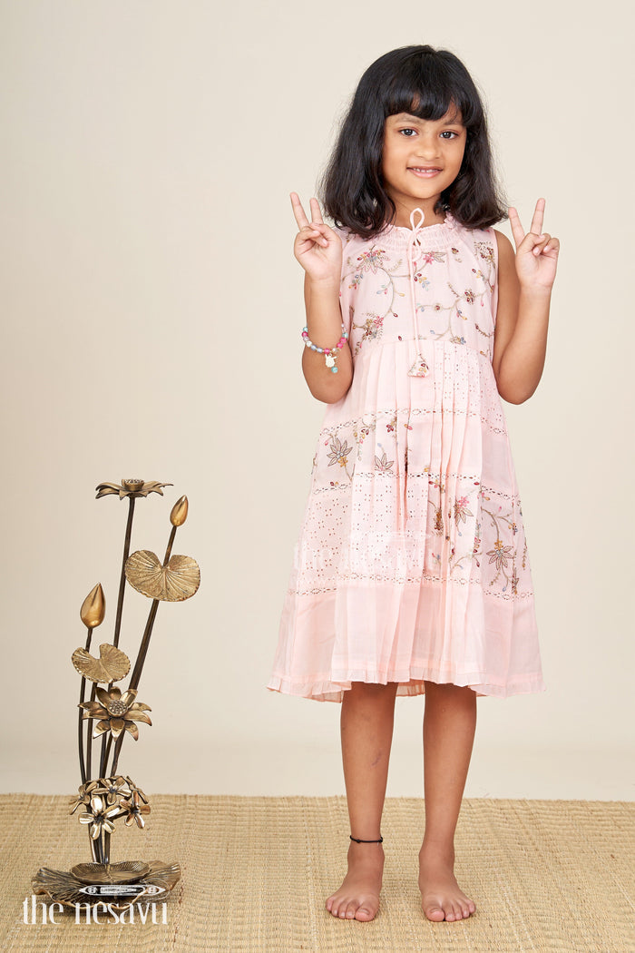 The Nesavu Girls Cotton Frock Luxury Embroidered Frock For Girls Grand Occasion Wear Nesavu 22 (4Y) / Pink GFC1643C-22 Nesavu Luxury Girls Frock Pink Cotton Floral Embroidery Lace Panel Detailing