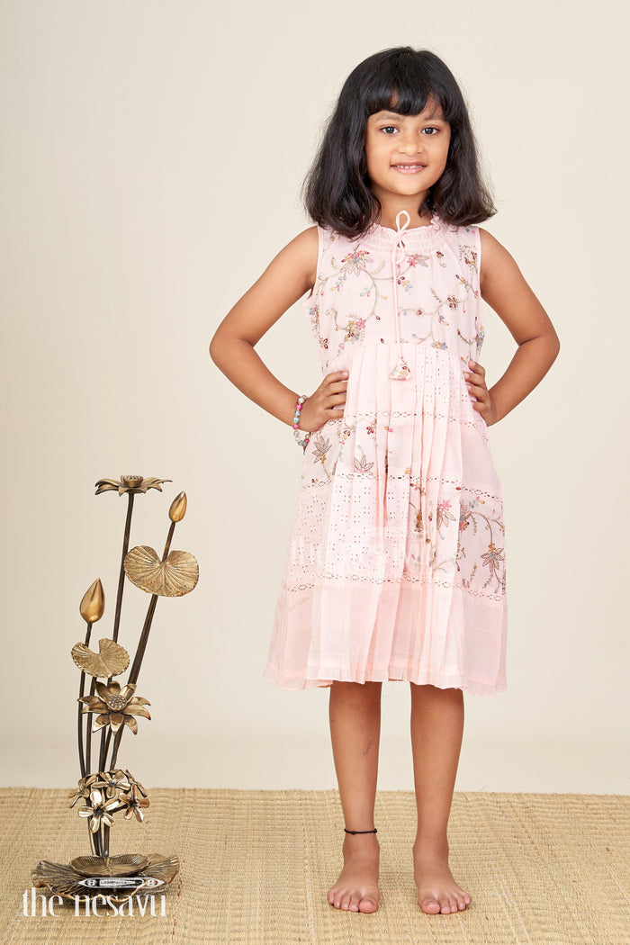 The Nesavu Girls Cotton Frock Luxury Embroidered Frock For Girls Grand Occasion Wear Nesavu Nesavu Luxury Girls Frock Pink Cotton Floral Embroidery Lace Panel Detailing
