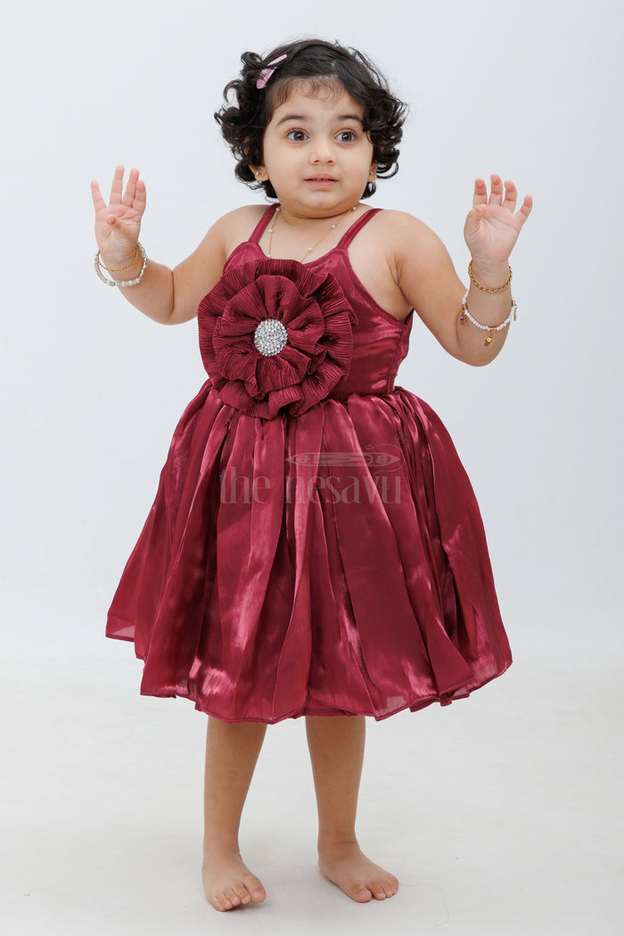 The Nesavu Baby Fancy Frock Magenta Glaze Organza Frock with Floral Embellishment Nesavu 16 (1Y) / Magenta BFJ585A-16 Magenta Glaze Organza Frock with Floral Embellishment - Nesavu